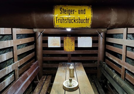 Steiger and breakfast bay sign in the Rammelsberg ore mine, UNESCO World Heritage Site, Goslar,