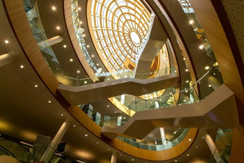 Soaring modern elliptical atrium in the Central Library building, city of Liverpool, England, UK