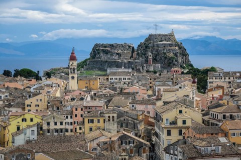 Corfu Town, Corfu, Greece, City overview Corfu Town with the Greek Orthodox Church of Agios