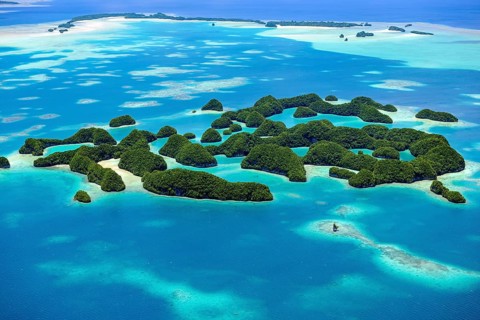 Aerial view of Rock Islands Island paradise in the island state of Palau in the Pacific West
