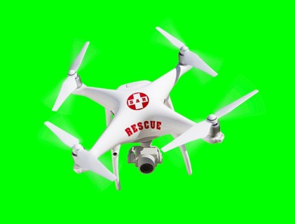 SAR, search and rescue UAV unmanned aircraft system quadcopter drone flying over A green screen