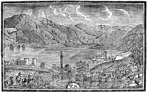 The Sea of Galilee with the city of Tibarias on the shore, city wall, mountain landscape, woodcut,