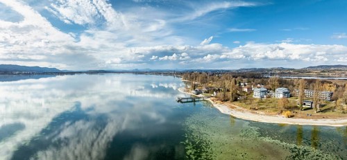 Aerial view, panorama of the Mettnau peninsula in western Lake Constance with the spa centre,