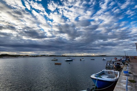 Carne Pier, fishing boats at dusk, Carne Beach, Wexford, Gerrans Bay, Roseland Peninsula, Ireland,