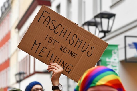 Heidelberg, Germany - February 12th 2025: Person holding up sign with text 'Fascism is not an
