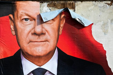 Partially destroyed large poster for the 2025 federal election by the SPD with Olaf Scholz, Witten,