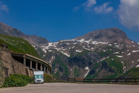 Camper parking at a parking lot at the Grossglockner High Alpine Road, a panoramic road in Austria,