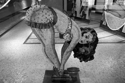 Female figure made of mosaic tiles in a tile shop, New York City, USA, North America
