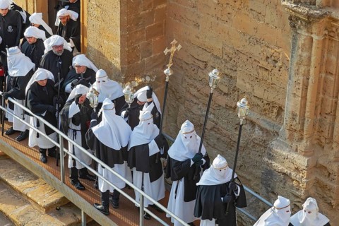 Good Friday procession leaving Enna Cathedral, Enna, Siclly, Italy, Europe