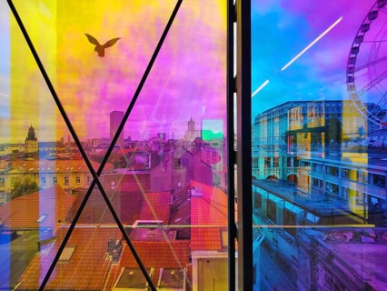 Marollescenece, art installation The Cube, coating of the windows with translucent dichroic films,
