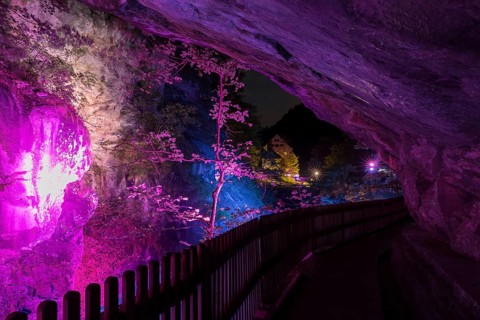 The Tamina Gorge and the Tamina River illuminated in colour at night, Altes Bad Pfäfers, St.