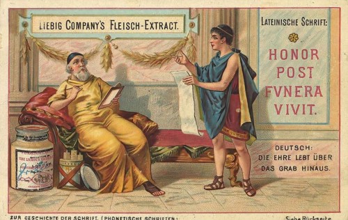 Picture series The history of writing, Latin script, Liebig picture, digitally restored