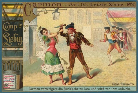 Series of pictures from the opera Carmen, Carmen refuses to return to Jose and is stabbed by him,