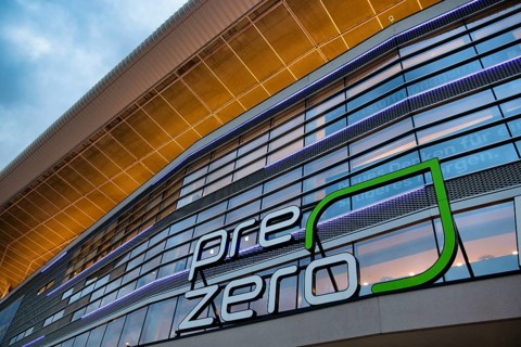 Exterior view, glass façade, logo, Europa League, PreZero Arena, Sinsheim, Baden-Württemberg,