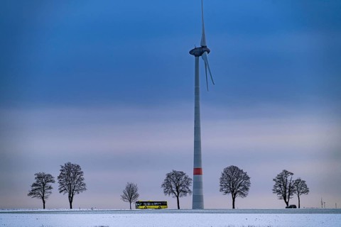 Country road, local train, wind farm, north of Lichtenau, self-proclaimed energy town, over 190