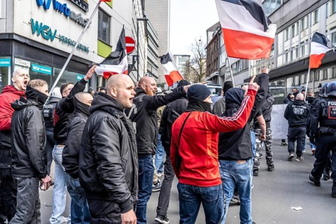The neo-Nazi group Jung und Stark, JS, demonstrates in the city centre of Essen, demanding the