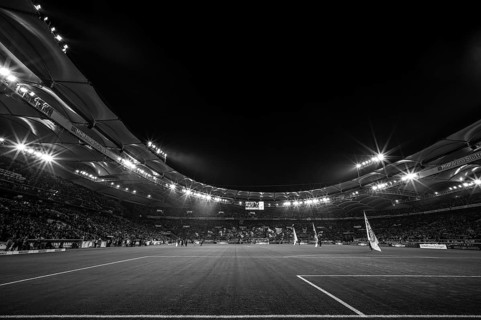 Interior, Bundesliga, floodlit match, night shot, black and white, long shot, MHPArena, MHP Arena