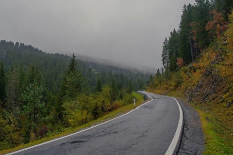 Typical road (Coller Strasse) in the Dolomites near rain, Passo delle Erbe, Würzjoch, St.