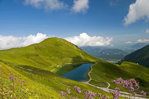 Artificial lake, snow pond, feeds the snow cannons that completely cover the slopes of the Fellhorn