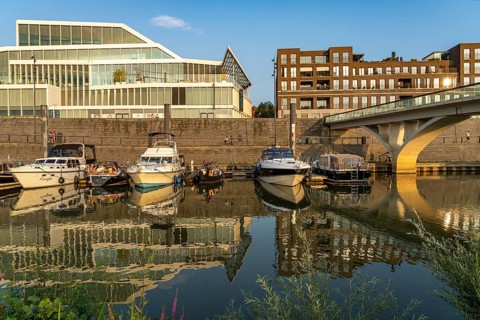 Maasboulevard and city harbour in Venlo, Netherlands
