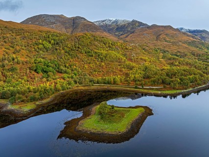 Fjord, coast, mountain landscape, reflection, island, autumn, aerial view, Loch Leven, Scotland,