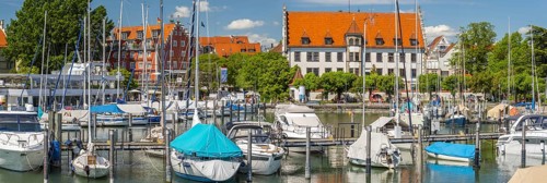 Motorboats and sailing boats, harbour, Lindau, Lake Constance, Swabia, Bavaria, Germany, Europe