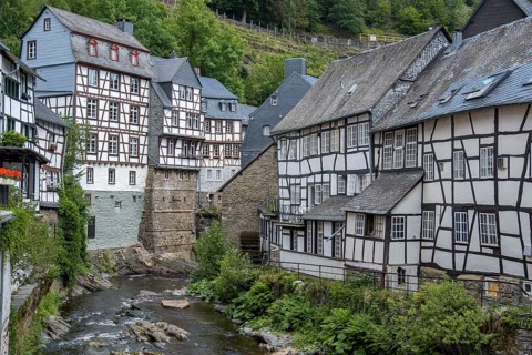Historic half-timbered houses along the Rur in Monschau, Eifel, North Rhine-Westphalia, Germany,