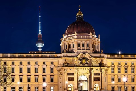 Night shots, Berlin Mitte, Humboldtforum and television tower, Berlin, Germany, Europe