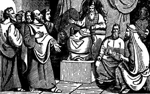 Peter defending himself and his fellow apostles against the accusations of the high priest, throne,