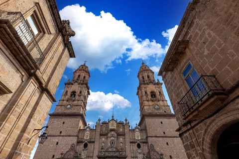 Mexico, Morelia, popular tourist destination Morelia Cathedral on Plaza de Armas in historic