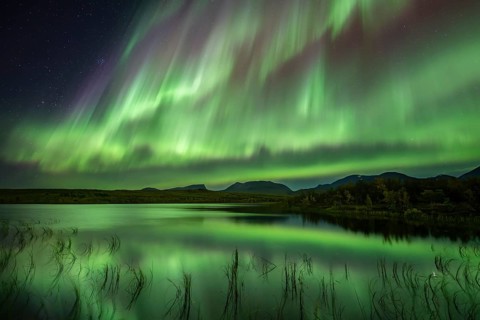 Northern lights reflected in lake, Lapporten, Abisko National Park, Lapland, Sweden, Europe