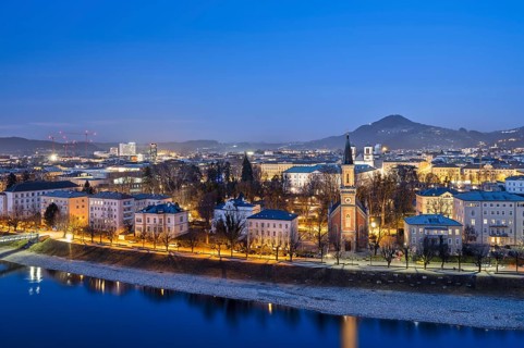 Salzburg at the blue hour, protestant parish church, Christuskirche, Salzach, Salzburg City,
