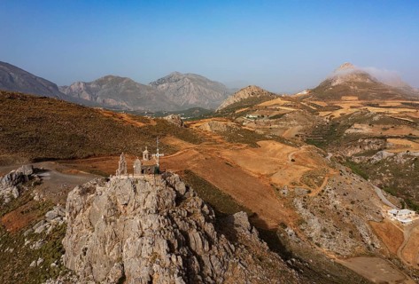 Drone image, Holy Church of Agios Paision near Plakias, south coast, Crete, Greece, Europe
