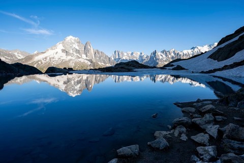 Mountain landscape in the evening light, water reflection in Lac Blanc, mountain peak, Aiguille