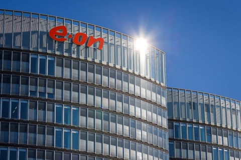 Essen, North Rhine-Westphalia, Germany, E.ON headquarters. Company logo on the facade of the