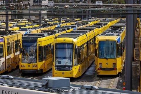 Essen, North Rhine-Westphalia, Germany, Trams at Ruhrbahn depot, Verdi and EVG warning strike,