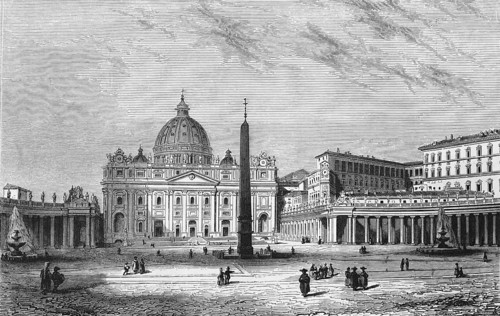 St Peter's Square with St Peter's Basilica in Vatican City within Rome, clergy, visitors, column