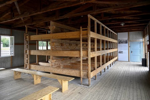 Sleeping quarters in a reconstructed prisoner barrack in the former Dachau concentration camp, now