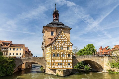 Old Town Hall in the Regnitz and Upper Bridge, Bamberg, Bavaria, Germany, Europe