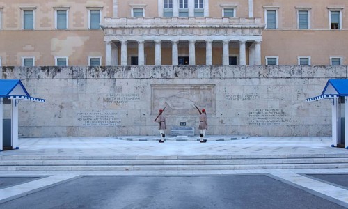 Evzones at the changing of the guard at the Tomb of the Unknown Soldier in front of the Parliament