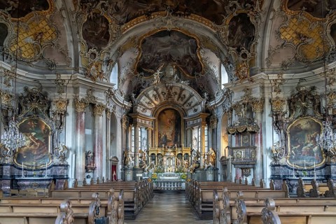 Interior of the pilgrimage church of the Visitation of the Virgin Mary / Käppele on the