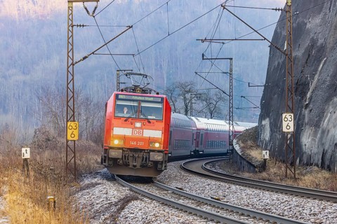 Geislinger Steige, railway line of the Filstallinie railway at dawn. Alb ascent to the Swabian Alb.