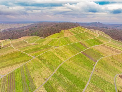 Wide, patterned fields on rolling hills under a cloudy sky, Großbottwar, Ludwigsburg district,