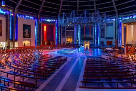 Modern interior of Roman Catholic cathedral church, Metropolitan Cathedral of Christ the King, city