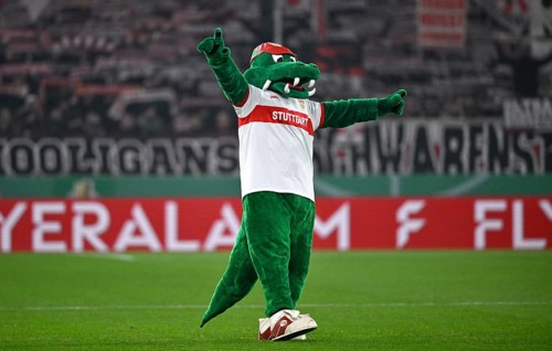 Mascot Fritzle VfB Stuttgart crocodile, DFB Cup campaign, MHPArena, MHP Arena Stuttgart,