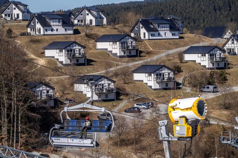 Winter sports area in the Sauerland, Winterberg ski lift carousel, artificial snow slopes,