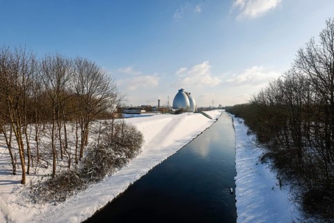 Dortmund, North Rhine-Westphalia, Germany - Sunny winter landscape in the Ruhr area, ice and snow