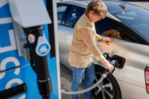 Herten, North Rhine-Westphalia, Germany - Hydrogen car fills up with H2 hydrogen at an H2 hydrogen