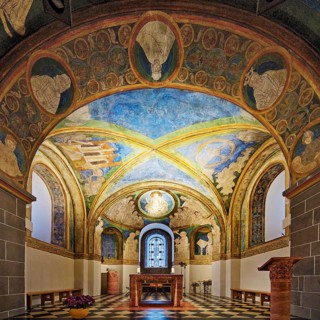 St. Maria and Clemens, Romanesque double church, lower church, view into the choir with ceiling