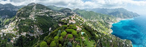 Panorama of Ravello from a drone, Amalfi Coast, Tyrrhenian Sea, Salerno, Campania, Italy, Europe
